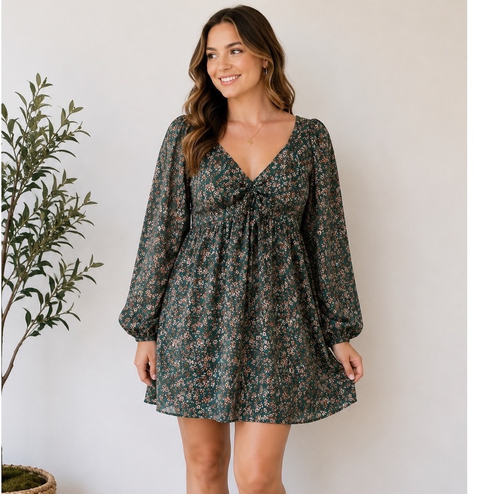 Peasant style Green Floral Long Sleeve Smocked Back Tie Front Mini Dress Size M